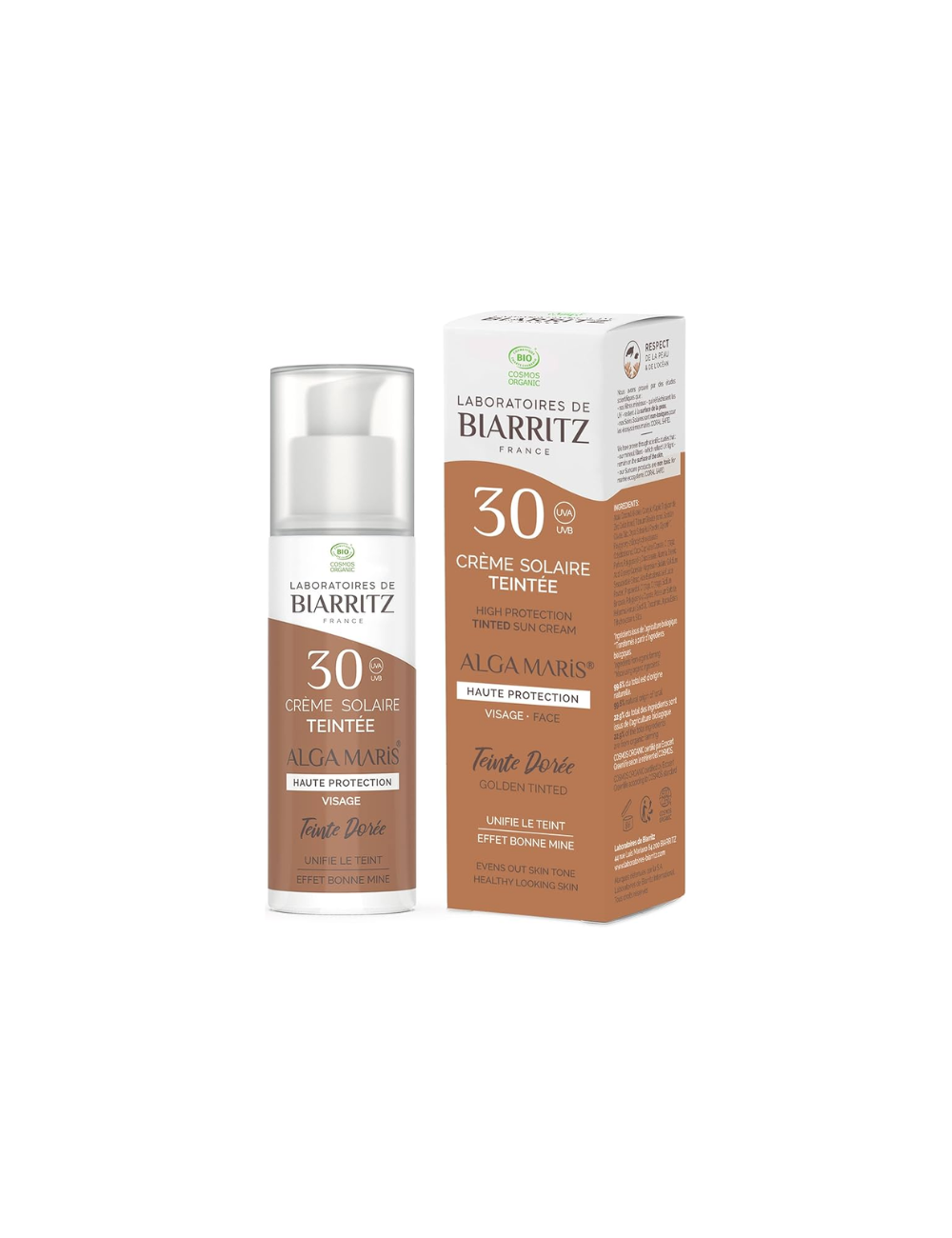 Crema Solar Facial con Color Dorado SPF 30 Bio - Alga Maris- Laboratoires de Biarritz - 50ml